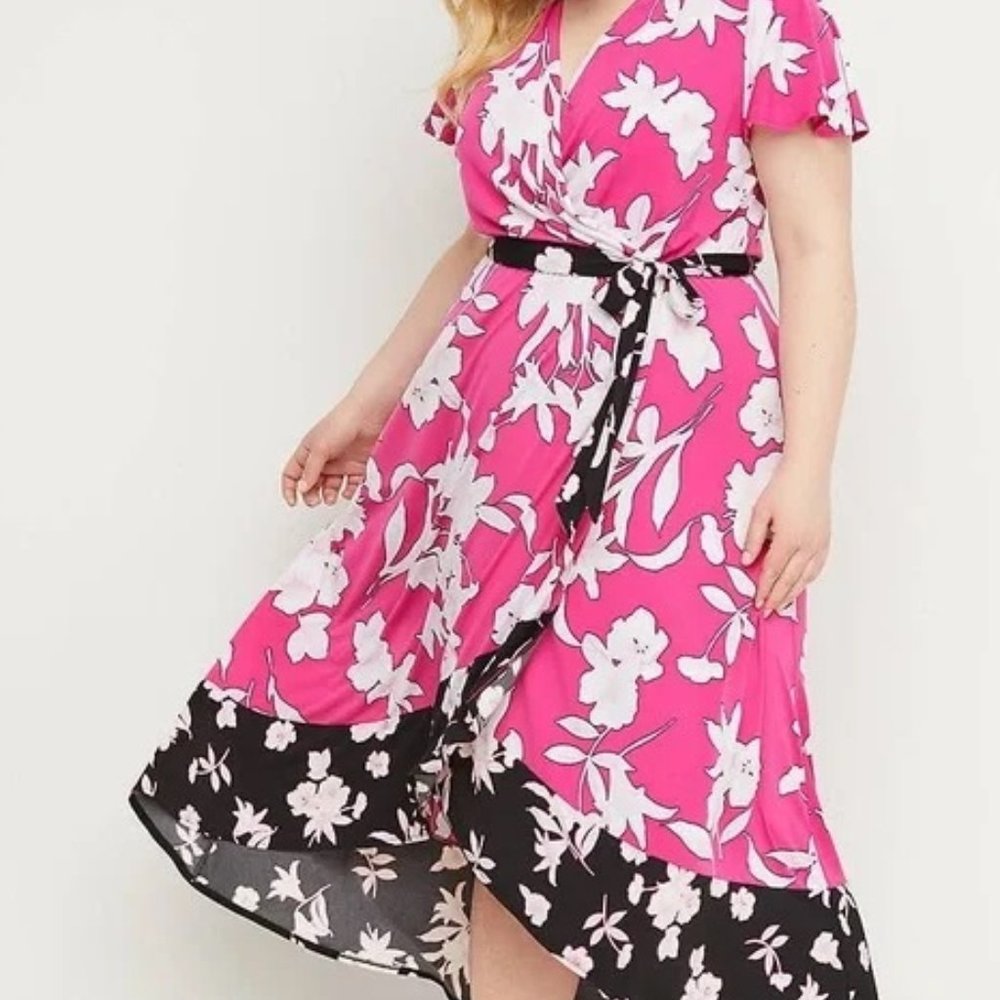 Plus Size 14/16 Lane Bryant pretty pink dress faux wrap style (missing belt)